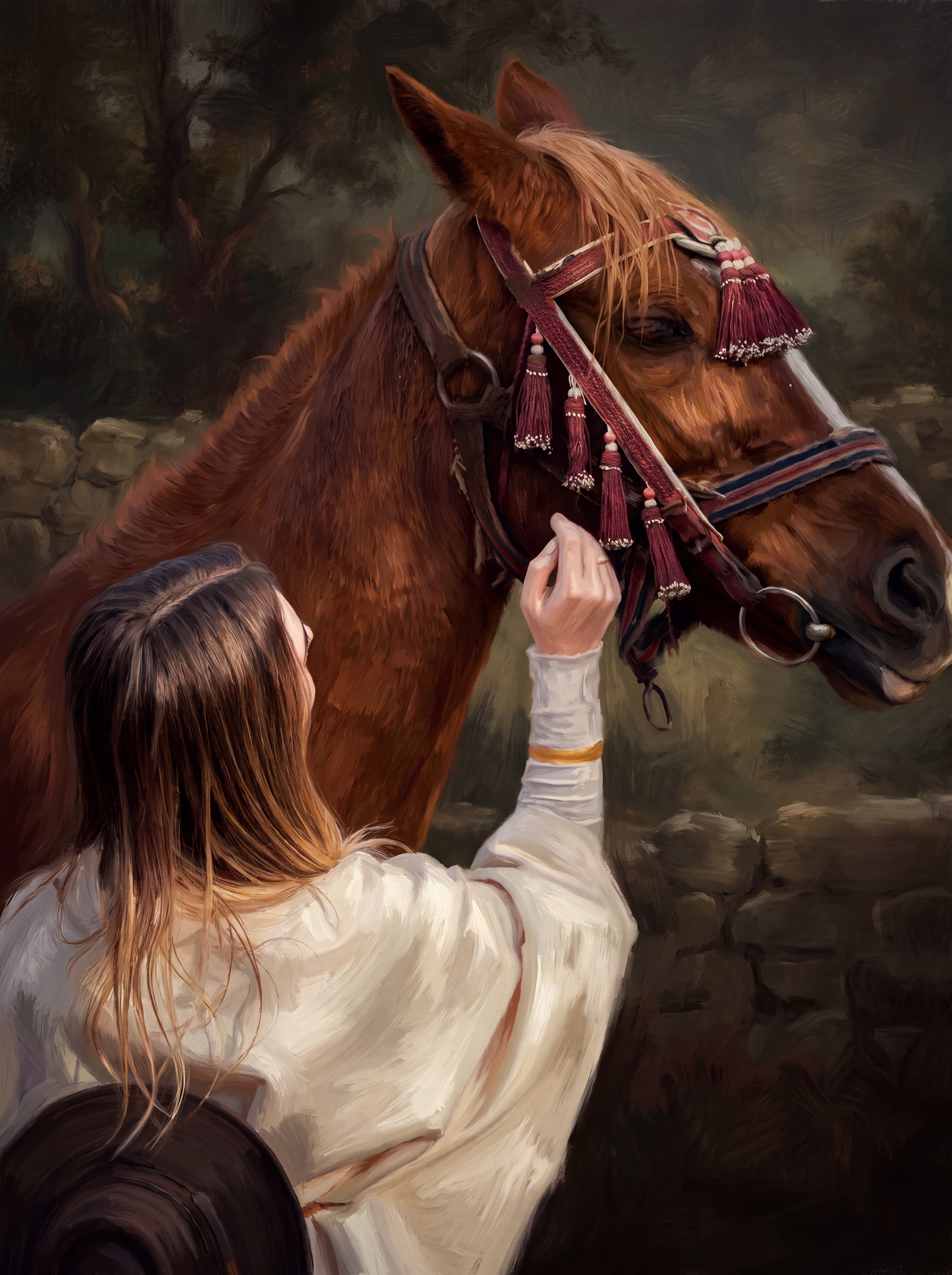 Painterly oil portrait of a horse and rider
