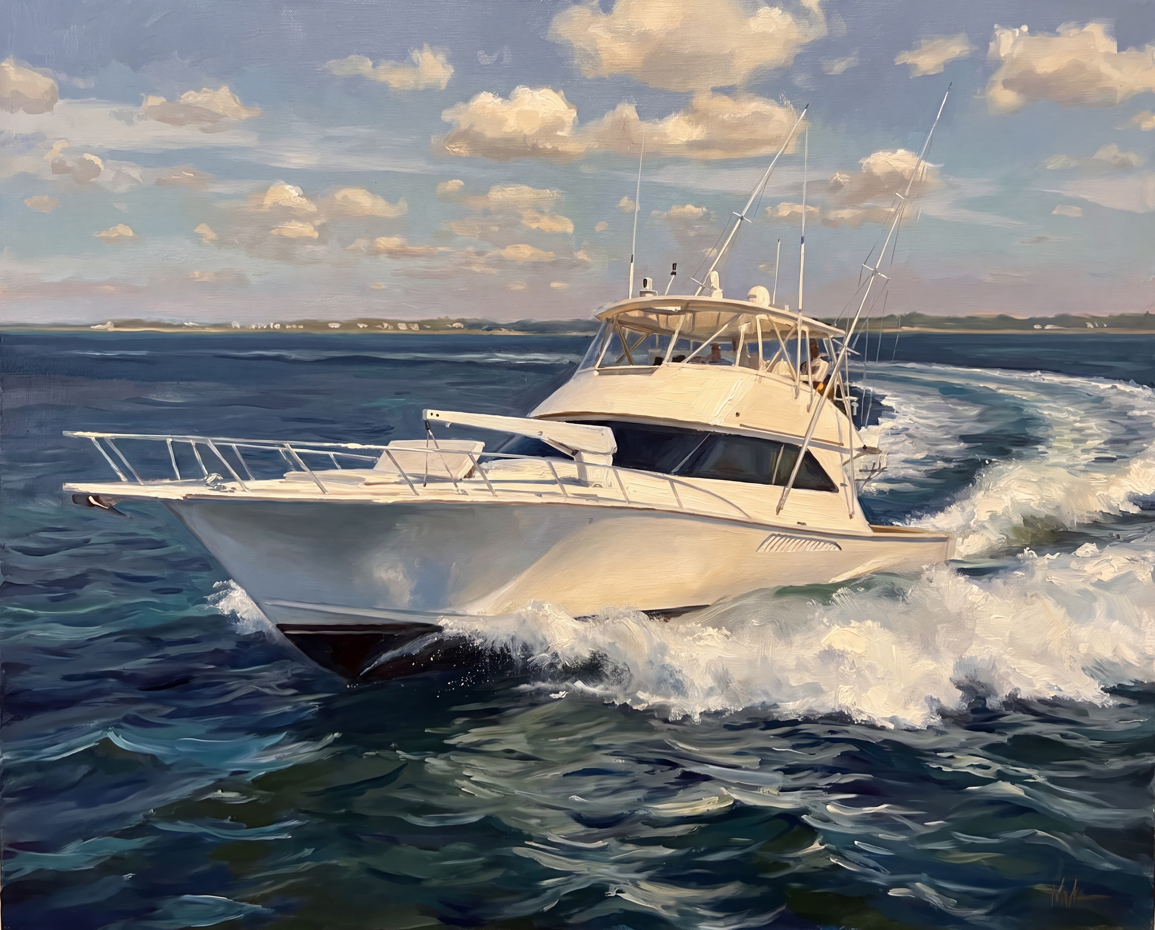 Painterly oil portrait of a Viking 60 sport yacht